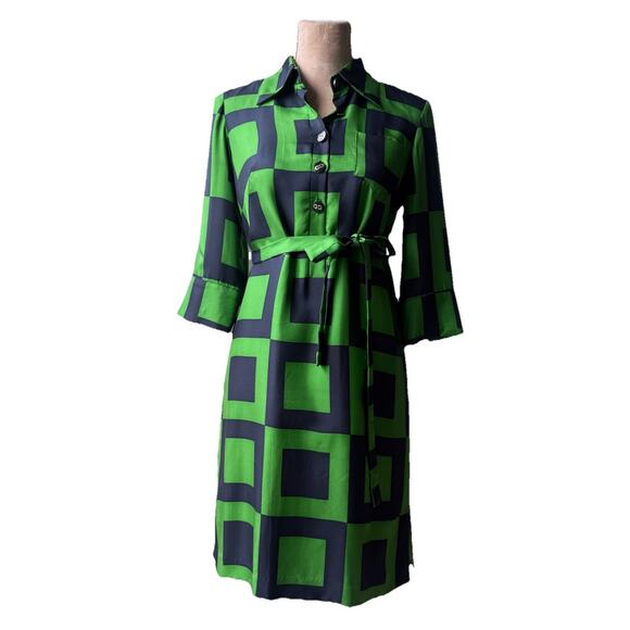 MILLY Dresses & Skirts - MILLY of New York Green Navy 100% Silk Shirt Dress Mod Geometric Belted Size 2